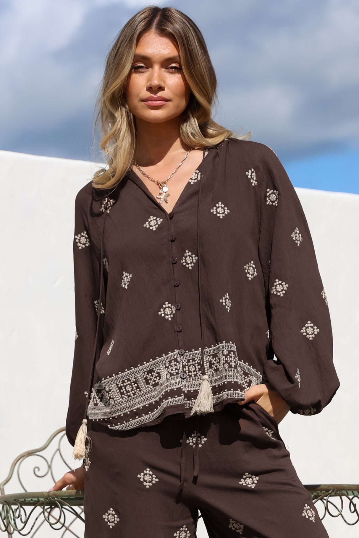 Elowen Blouse - Mandarin Collar Button Down with Neck Tie and Tassels in Vesper Print Brown