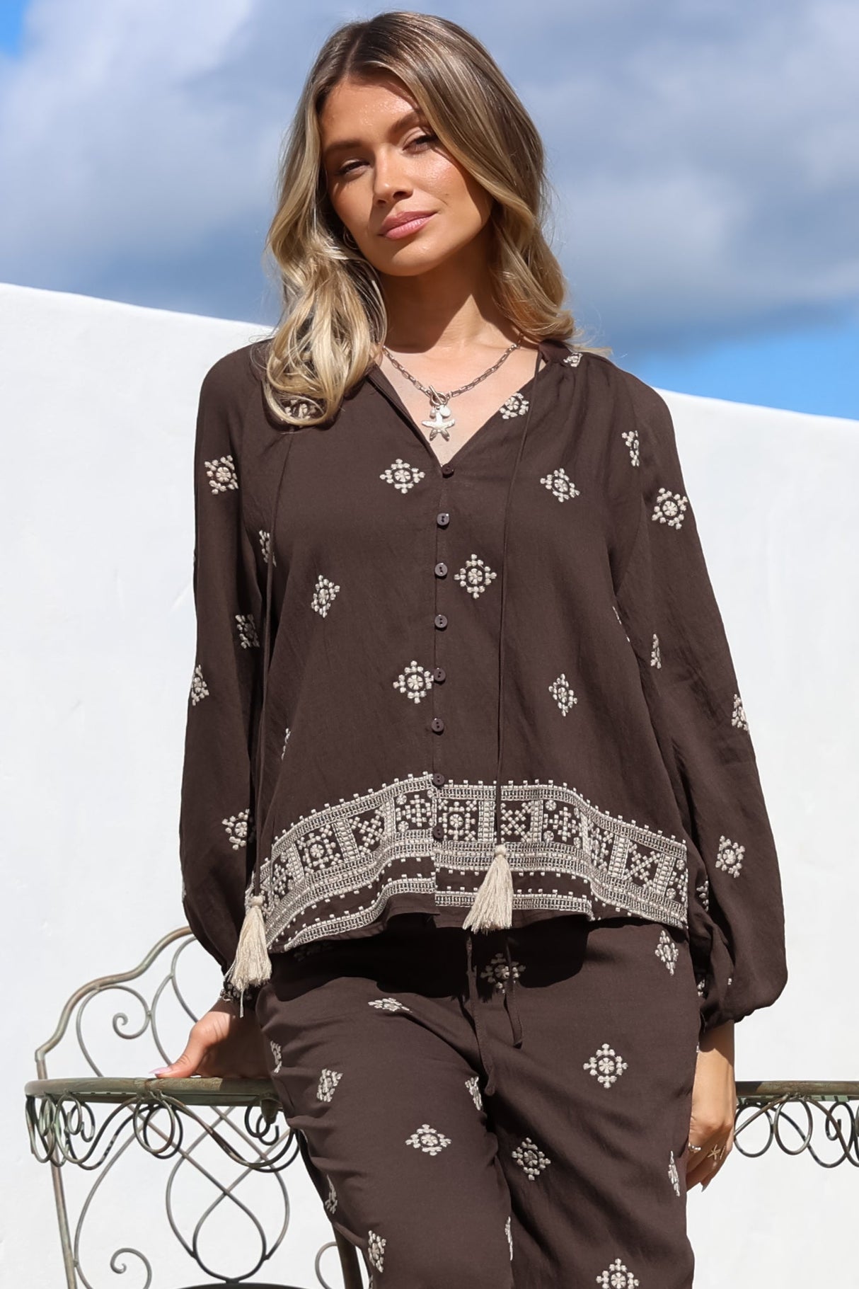 Elowen Blouse - Mandarin Collar Button Down with Neck Tie and Tassels in Vesper Print Brown