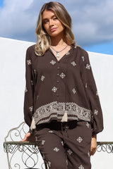 Elowen Blouse - Mandarin Collar Button Down with Neck Tie and Tassels in Vesper Print Brown