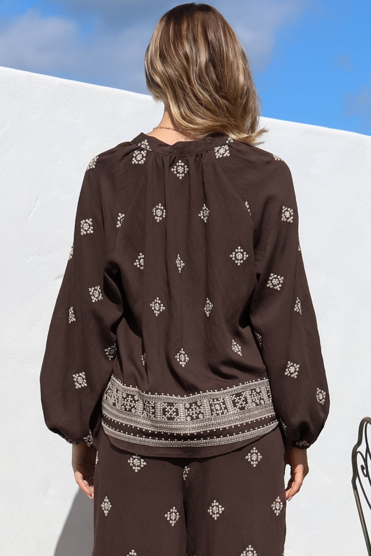 Elowen Blouse - Mandarin Collar Button Down with Neck Tie and Tassels in Vesper Print Brown