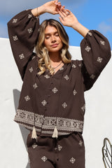 Elowen Blouse - Mandarin Collar Button Down with Neck Tie and Tassels in Vesper Print Brown