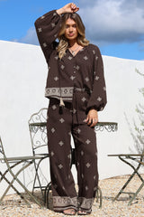 Dune Pants - Elasticated Drawstring High Waisted Pants with Embroidery in Vesper Print Brown