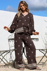 Dune Pants - Elasticated Drawstring High Waisted Pants with Embroidery in Vesper Print Brown