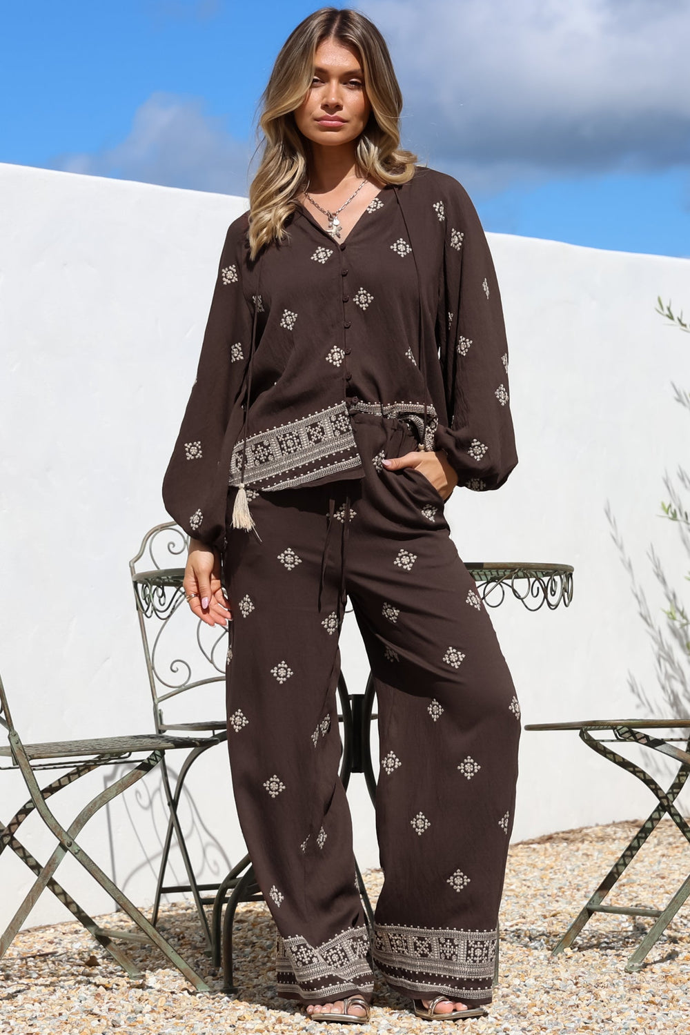 Elowen Blouse - Mandarin Collar Button Down with Neck Tie and Tassels in Vesper Print Brown