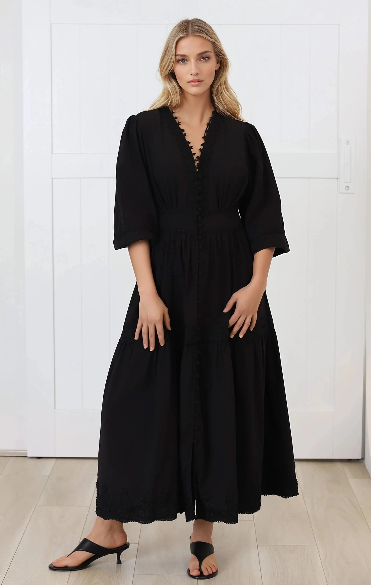 Elowyn Midi Dress - Floral Lace Trim Button Down A Line Dress with Balloon Sleeves in Black