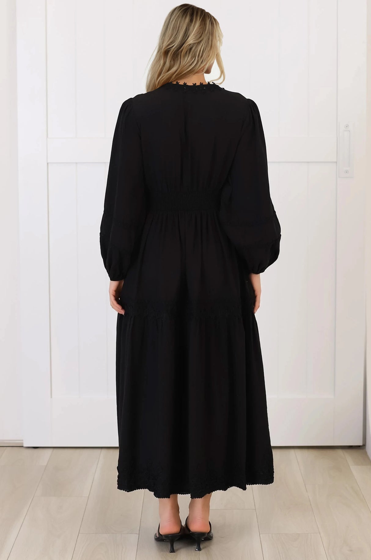 Elowyn Midi Dress - Floral Lace Trim Button Down A Line Dress with Balloon Sleeves in Black