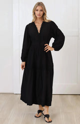 Elowyn Midi Dress - Floral Lace Trim Button Down A Line Dress with Balloon Sleeves in Black