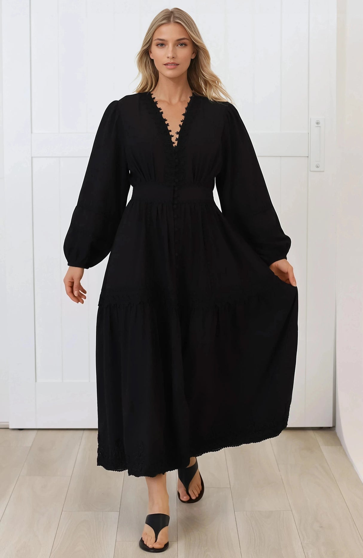 Elowyn Midi Dress - Floral Lace Trim Button Down A Line Dress with Balloon Sleeves in Black