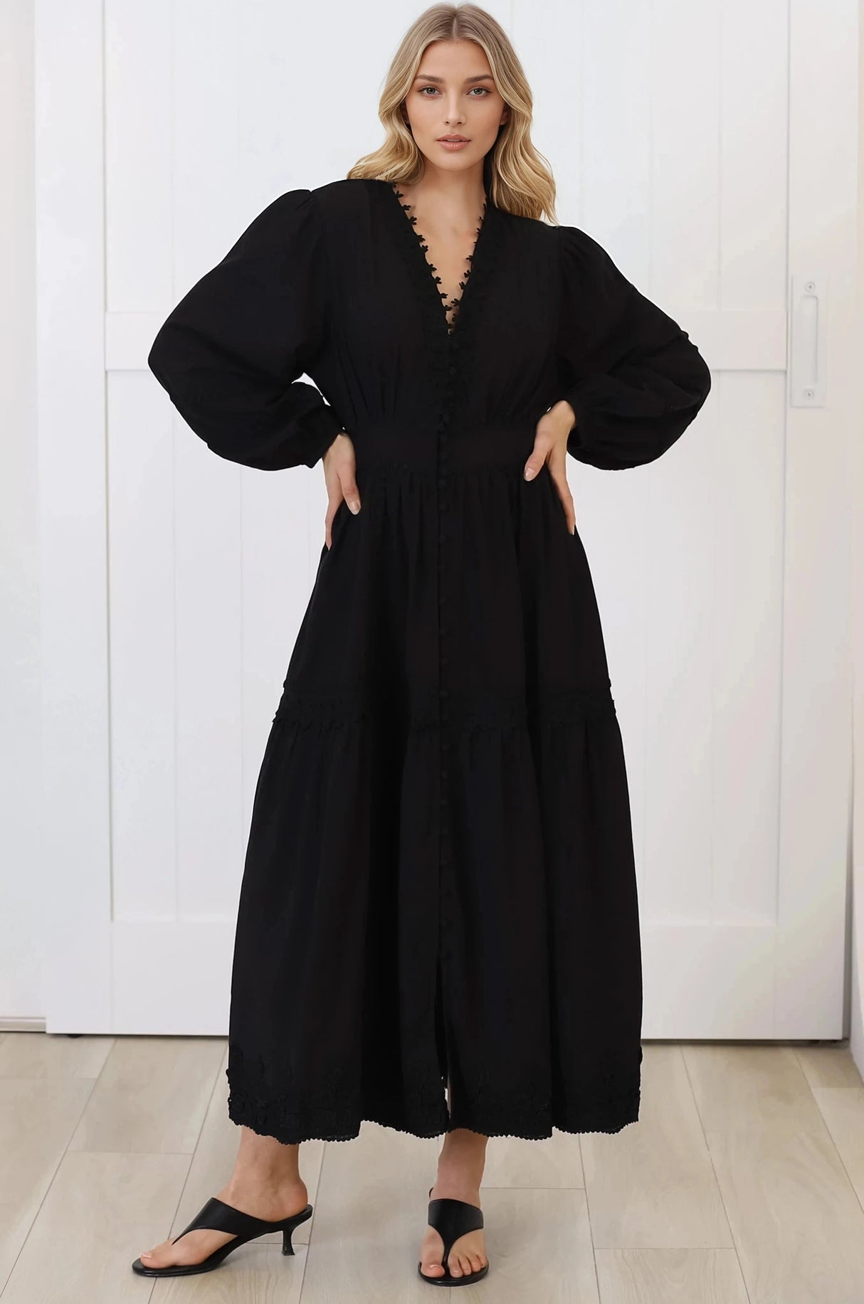 Elowyn Midi Dress - Floral Lace Trim Button Down A Line Dress with Balloon Sleeves in Black