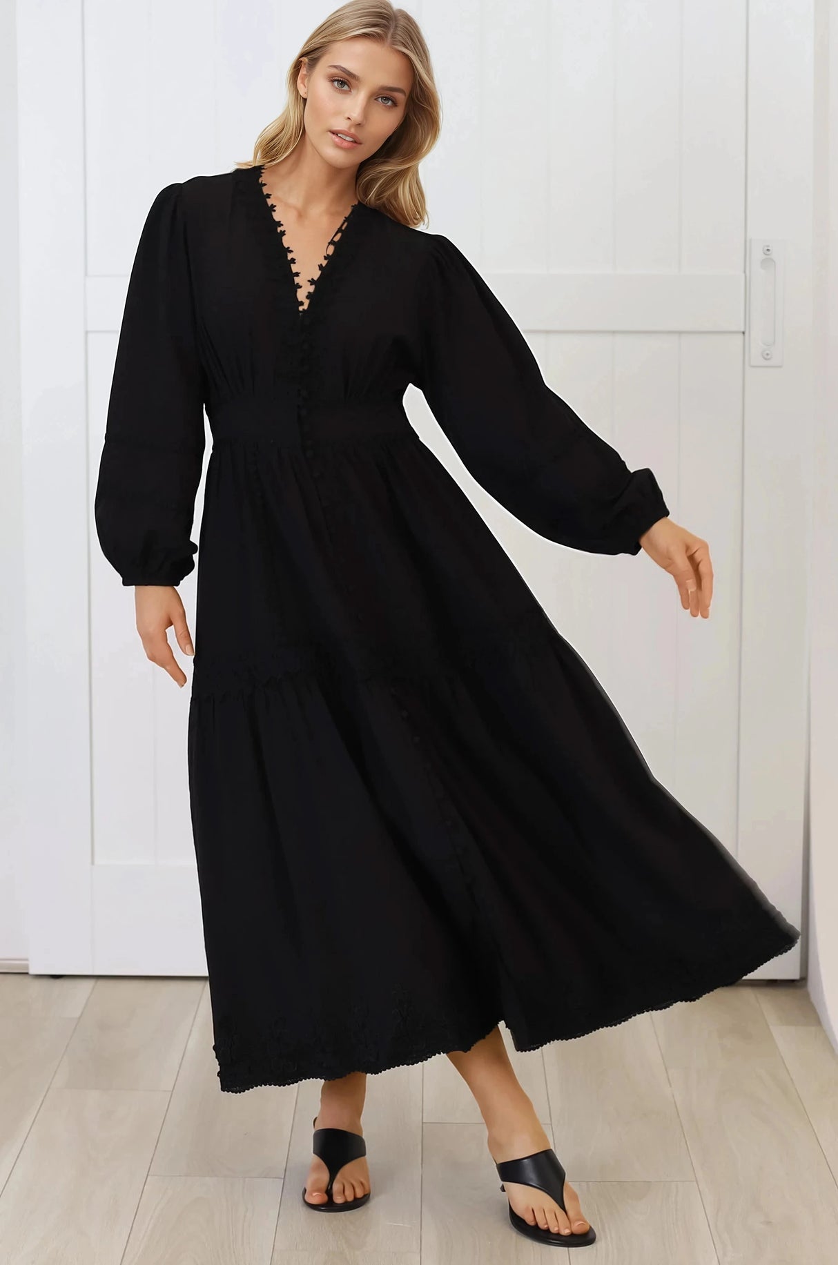 Elowyn Midi Dress - Floral Lace Trim Button Down A Line Dress with Balloon Sleeves in Black