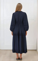 Elowyn Midi Dress - Floral Lace Trim Button Down A Line Dress with Balloon Sleeves in Navy