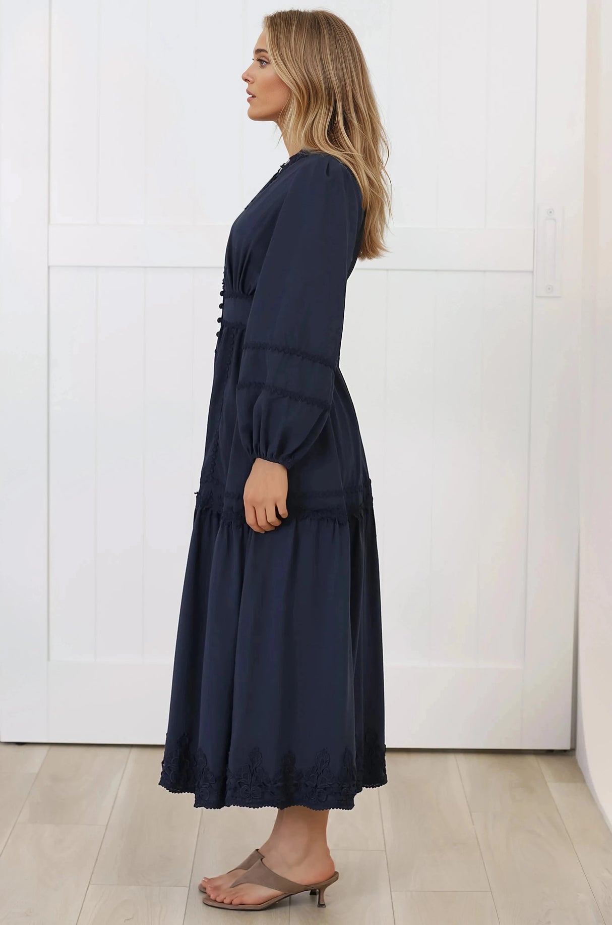 Elowyn Midi Dress - Floral Lace Trim Button Down A Line Dress with Balloon Sleeves in Navy