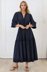 Elowyn Midi Dress - Floral Lace Trim Button Down A Line Dress with Balloon Sleeves in Navy