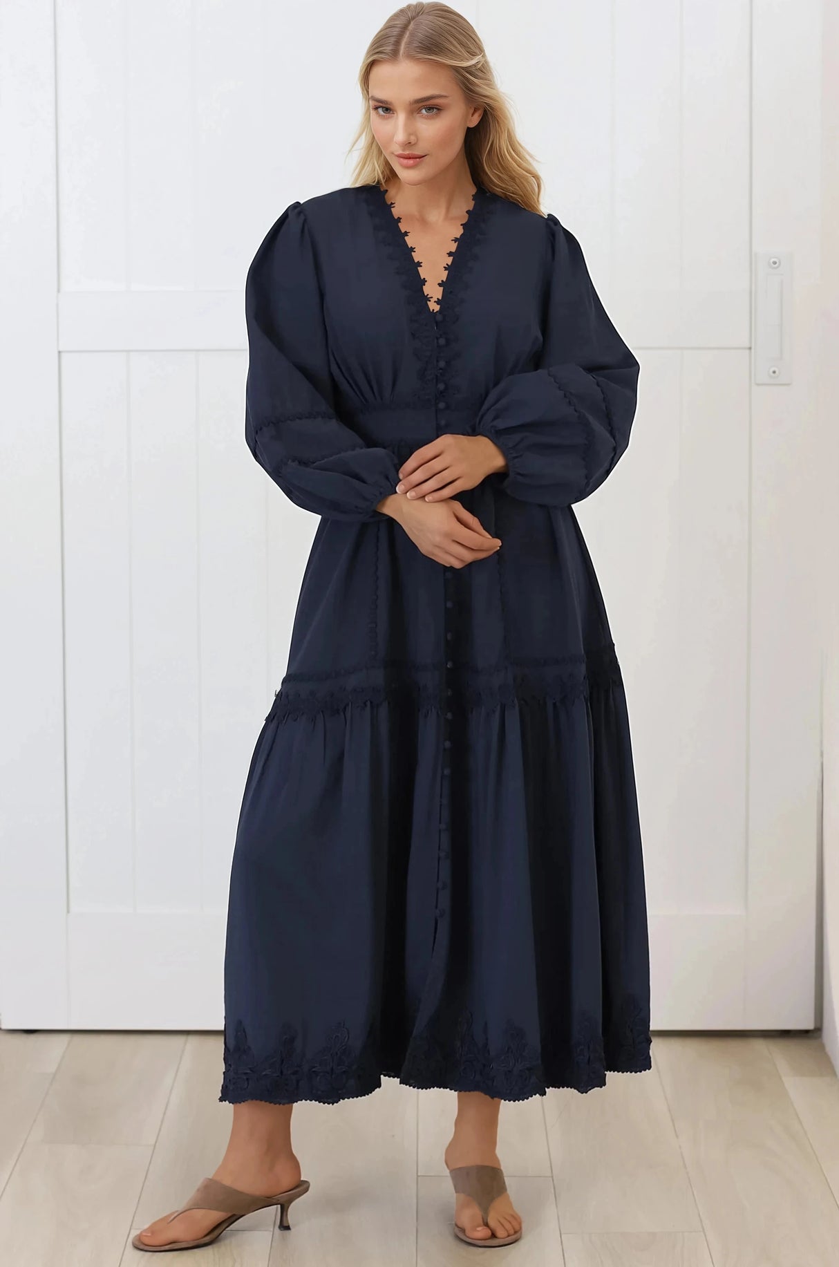 Elowyn Midi Dress - Floral Lace Trim Button Down A Line Dress with Balloon Sleeves in Navy