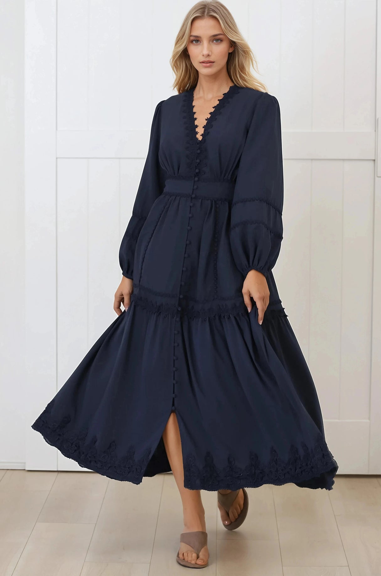 Elowyn Midi Dress - Floral Lace Trim Button Down A Line Dress with Balloon Sleeves in Navy