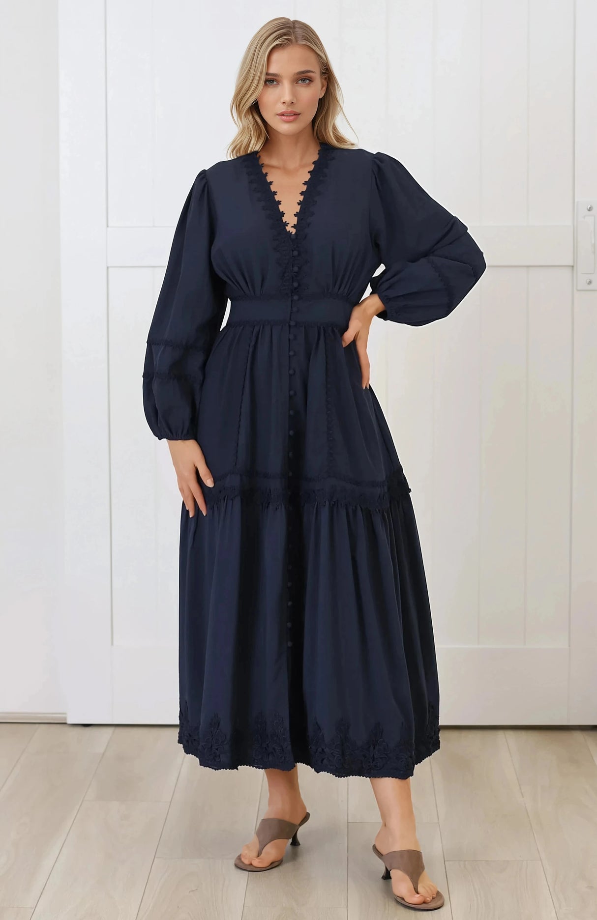 Elowyn Midi Dress - Floral Lace Trim Button Down A Line Dress with Balloon Sleeves in Navy