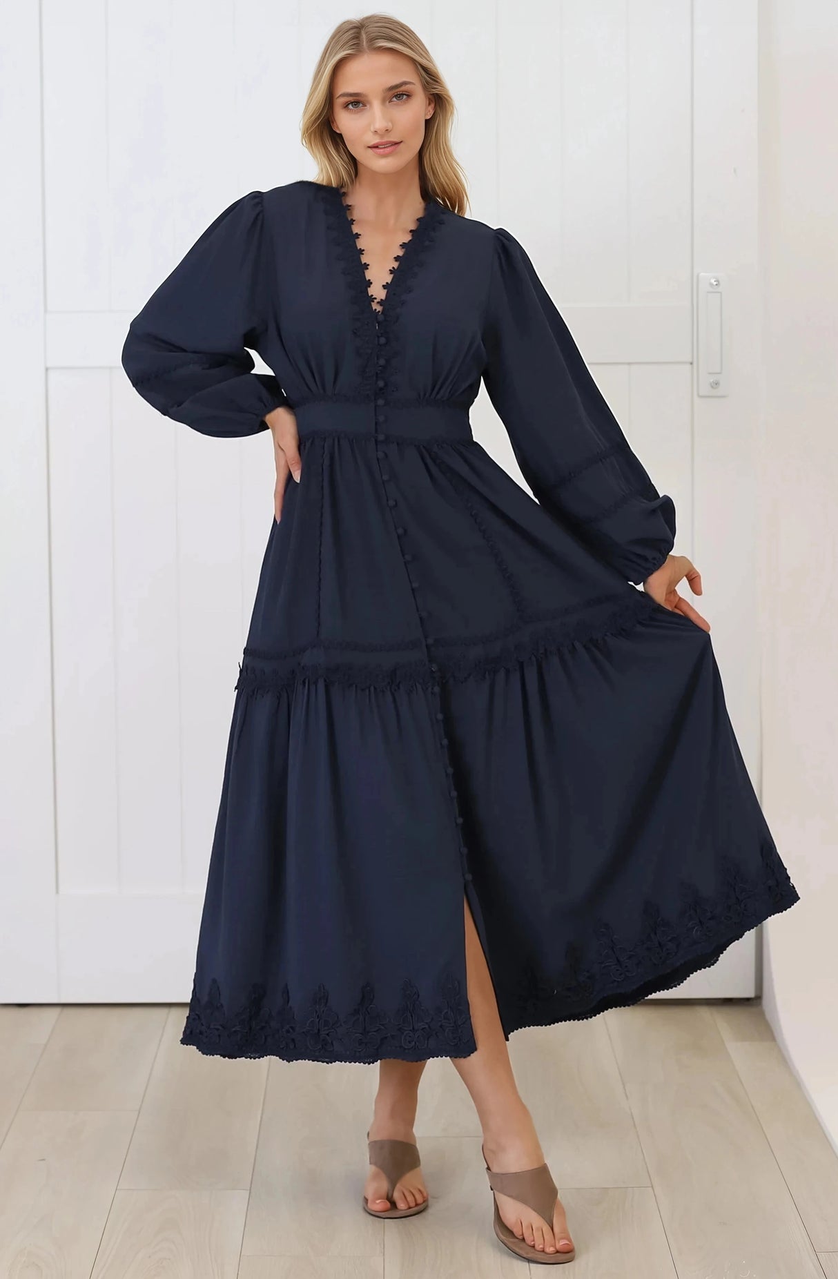 Elowyn Midi Dress - Floral Lace Trim Button Down A Line Dress with Balloon Sleeves in Navy