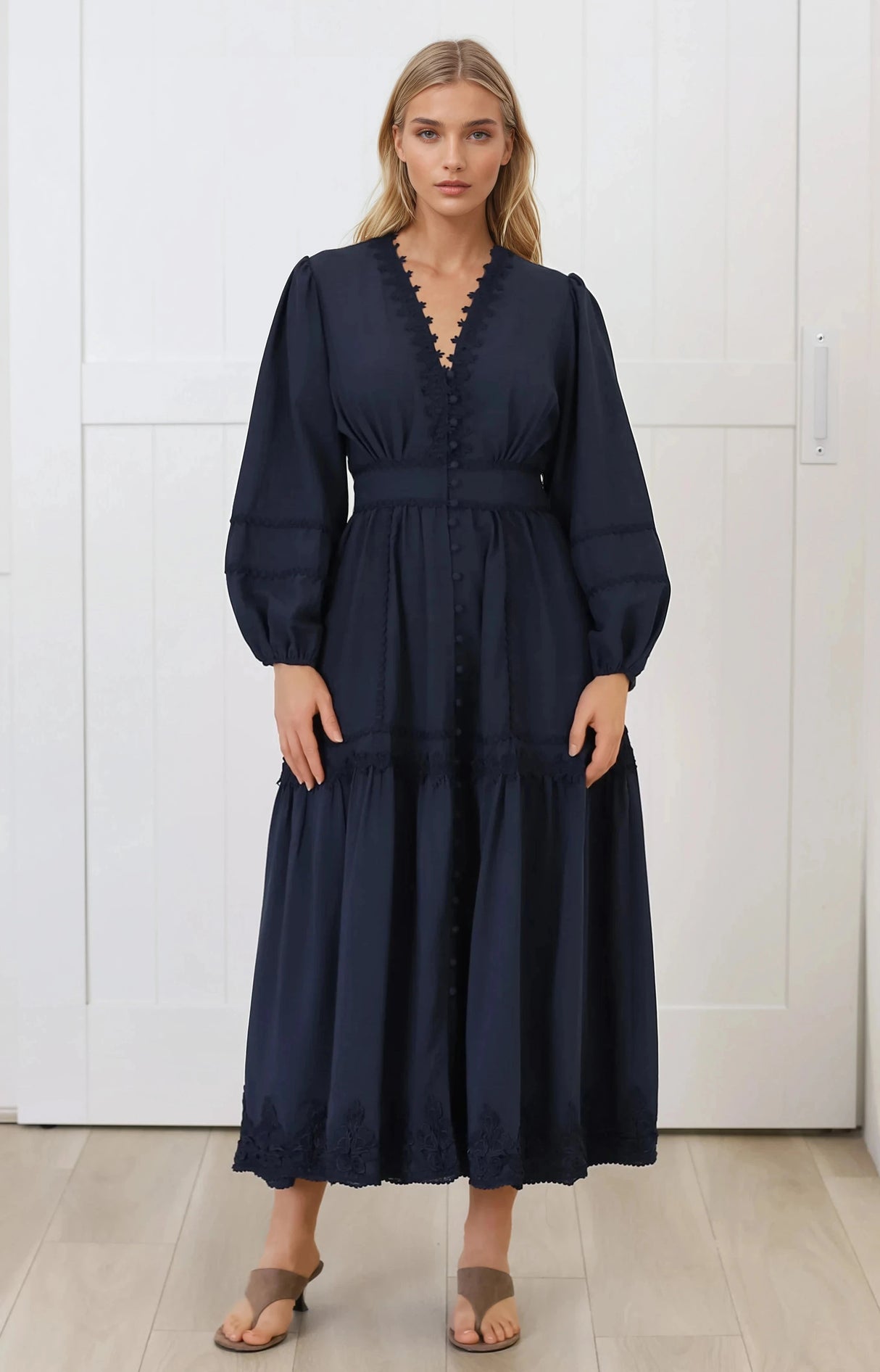 Elowyn Midi Dress - Floral Lace Trim Button Down A Line Dress with Balloon Sleeves in Navy