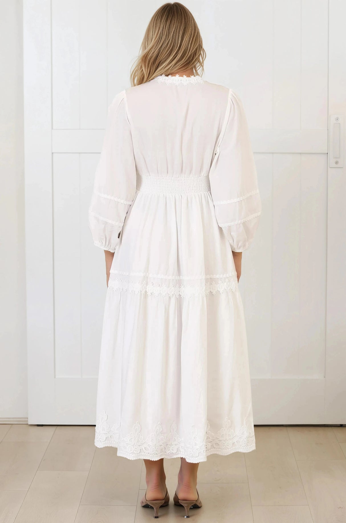 Elowyn Midi Dress - Floral Lace Trim Button Down A Line Dress with Balloon Sleeves in White
