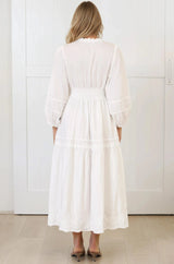 Elowyn Midi Dress - Floral Lace Trim Button Down A Line Dress with Balloon Sleeves in White