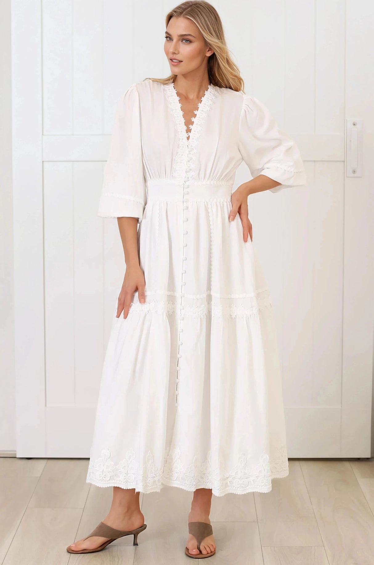Elowyn Midi Dress - Floral Lace Trim Button Down A Line Dress with Balloon Sleeves in White
