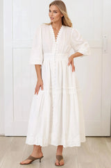 Elowyn Midi Dress - Floral Lace Trim Button Down A Line Dress with Balloon Sleeves in White