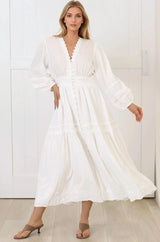 Elowyn Midi Dress - Floral Lace Trim Button Down A Line Dress with Balloon Sleeves in White