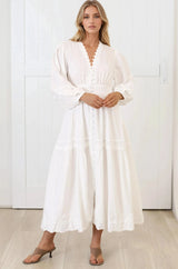 Elowyn Midi Dress - Floral Lace Trim Button Down A Line Dress with Balloon Sleeves in White