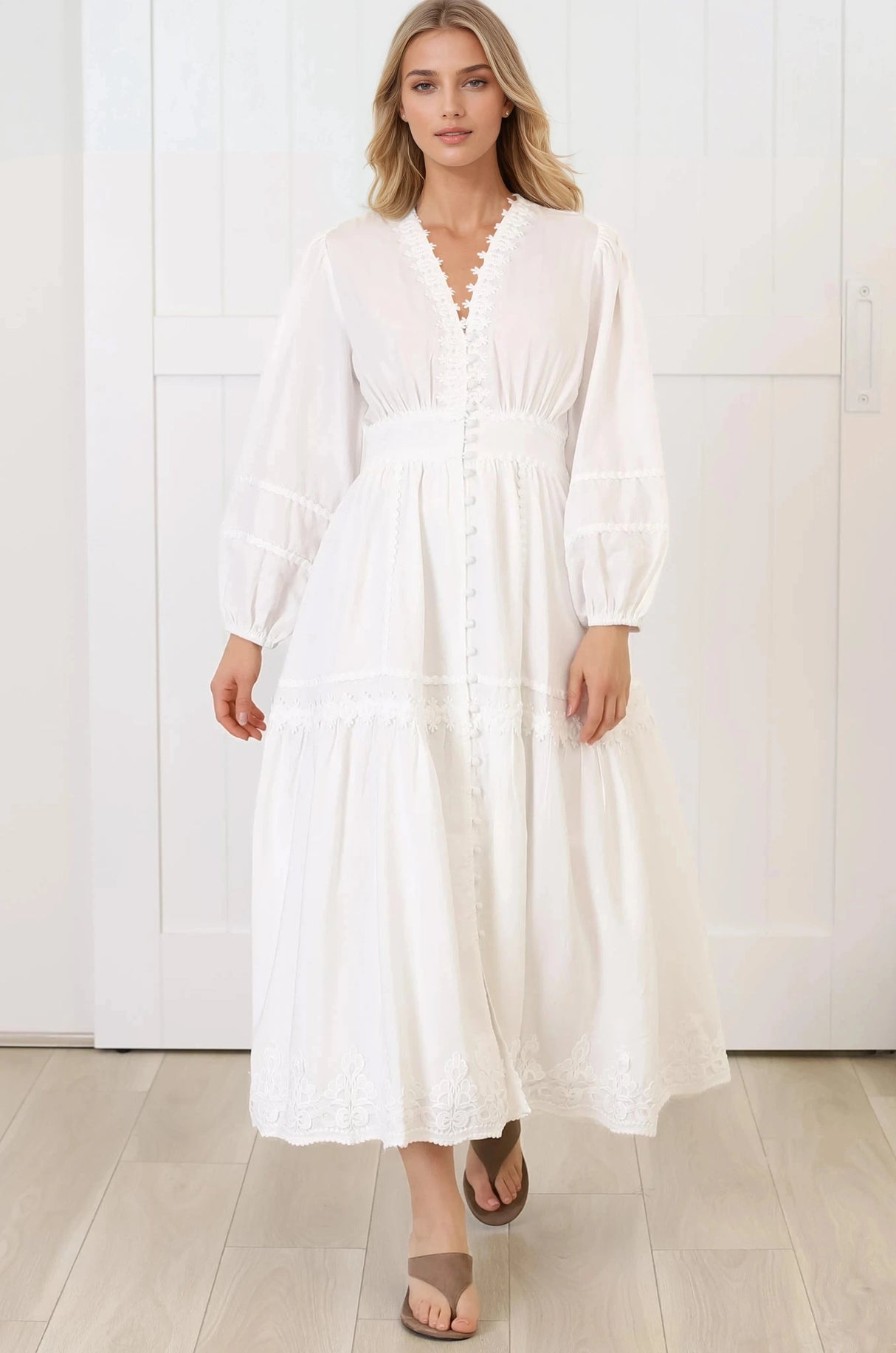 Elowyn Midi Dress - Floral Lace Trim Button Down A Line Dress with Balloon Sleeves in White