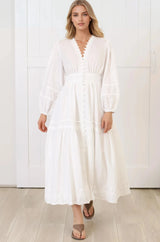 Elowyn Midi Dress - Floral Lace Trim Button Down A Line Dress with Balloon Sleeves in White
