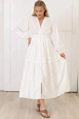 Elowyn Midi Dress - Floral Lace Trim Button Down A Line Dress with Balloon Sleeves in White
