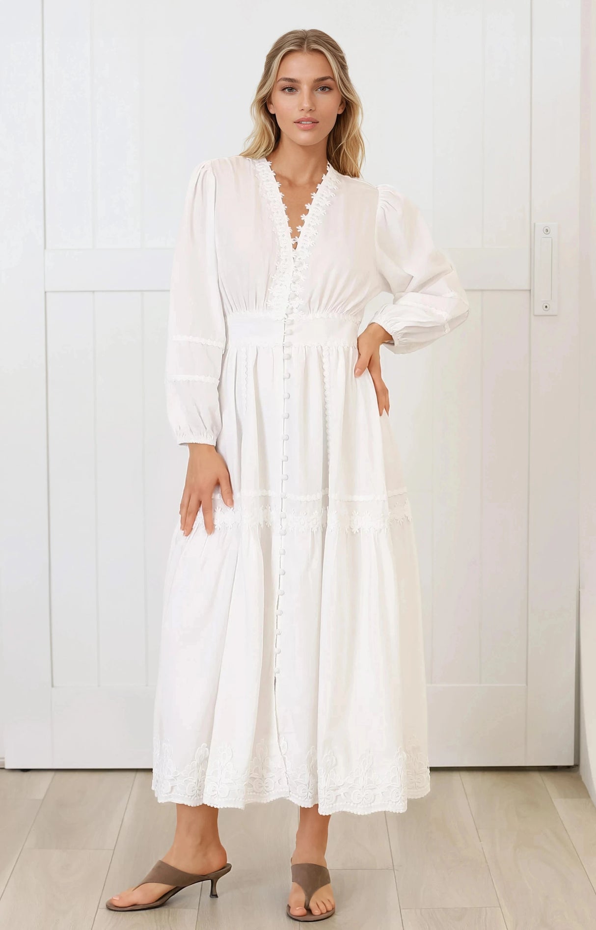 Elowyn Midi Dress - Floral Lace Trim Button Down A Line Dress with Balloon Sleeves in White