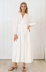 Elowyn Midi Dress - Floral Lace Trim Button Down A Line Dress with Balloon Sleeves in White