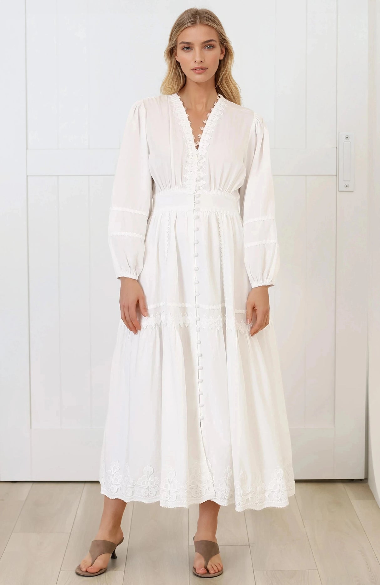 Elowyn Midi Dress - Floral Lace Trim Button Down A Line Dress with Balloon Sleeves in White