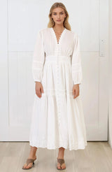 Elowyn Midi Dress - Floral Lace Trim Button Down A Line Dress with Balloon Sleeves in White
