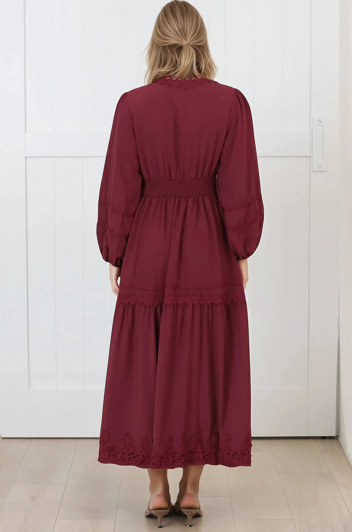 Elowyn Midi Dress - Floral Lace Trim Button Down A Line Dress with Balloon Sleeves in Wine