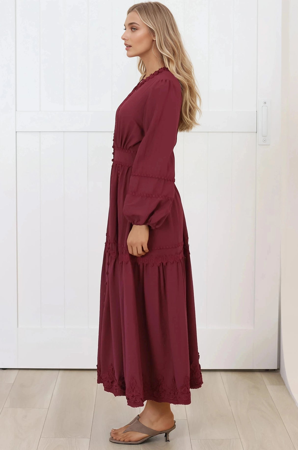 Elowyn Midi Dress - Floral Lace Trim Button Down A Line Dress with Balloon Sleeves in Wine