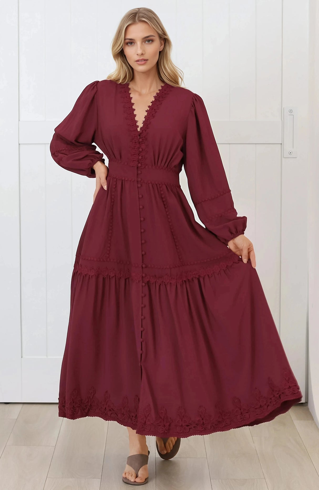 Elowyn Midi Dress - Floral Lace Trim Button Down A Line Dress with Balloon Sleeves in Wine