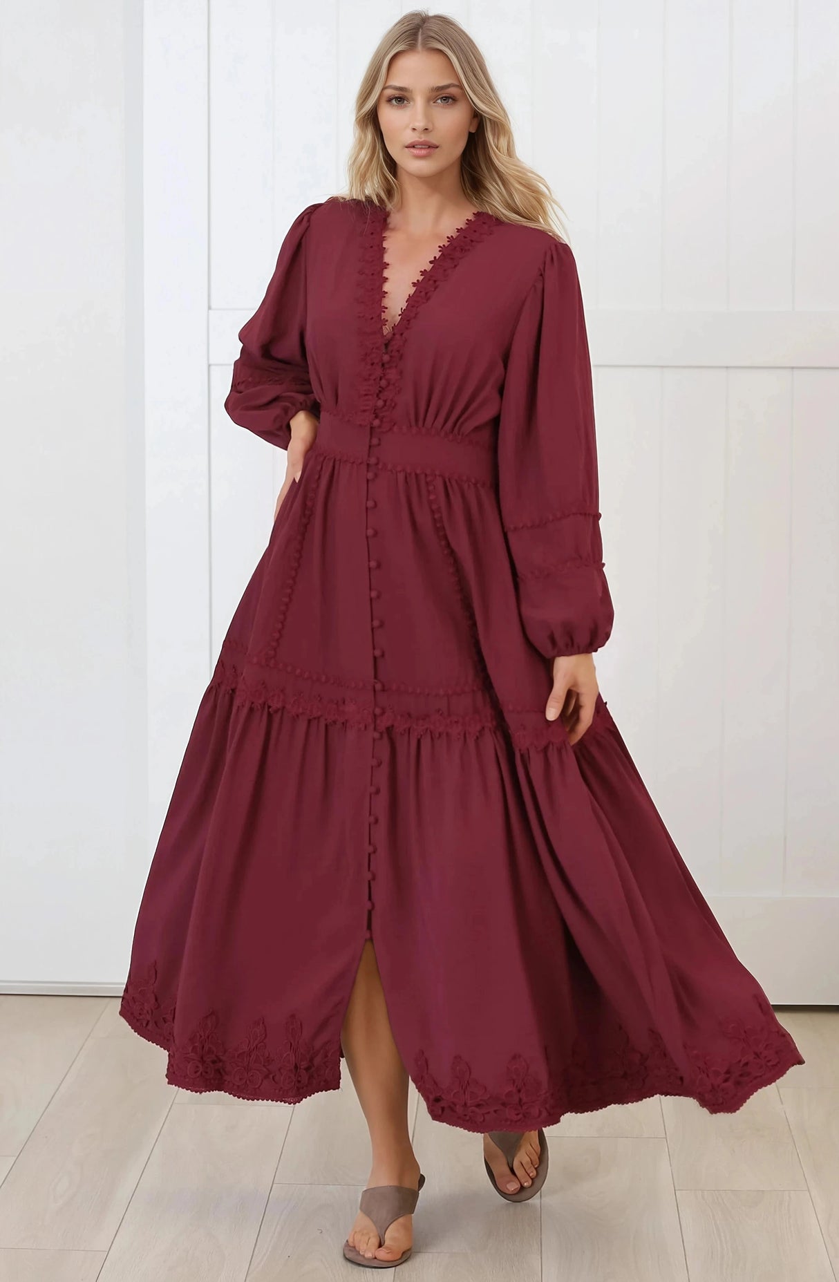 Elowyn Midi Dress - Floral Lace Trim Button Down A Line Dress with Balloon Sleeves in Wine