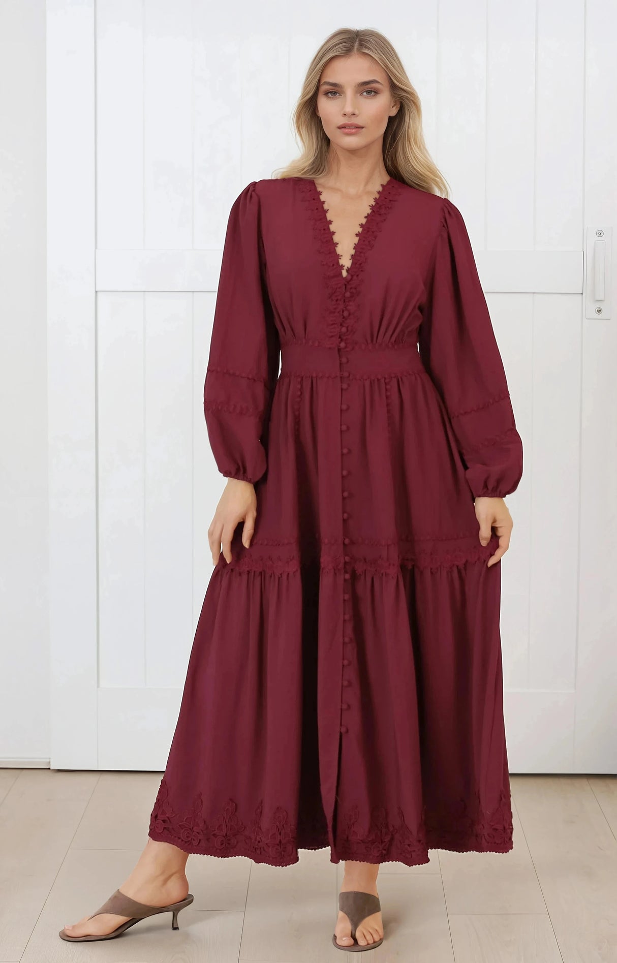 Elowyn Midi Dress - Floral Lace Trim Button Down A Line Dress with Balloon Sleeves in Wine