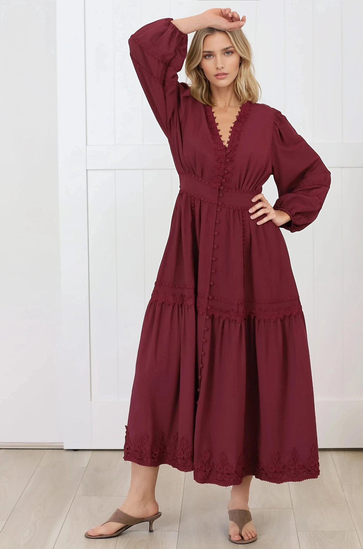 Elowyn Midi Dress - Floral Lace Trim Button Down A Line Dress with Balloon Sleeves in Wine