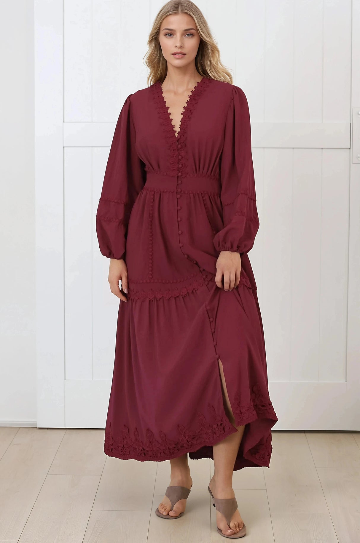 Elowyn Midi Dress - Floral Lace Trim Button Down A Line Dress with Balloon Sleeves in Wine