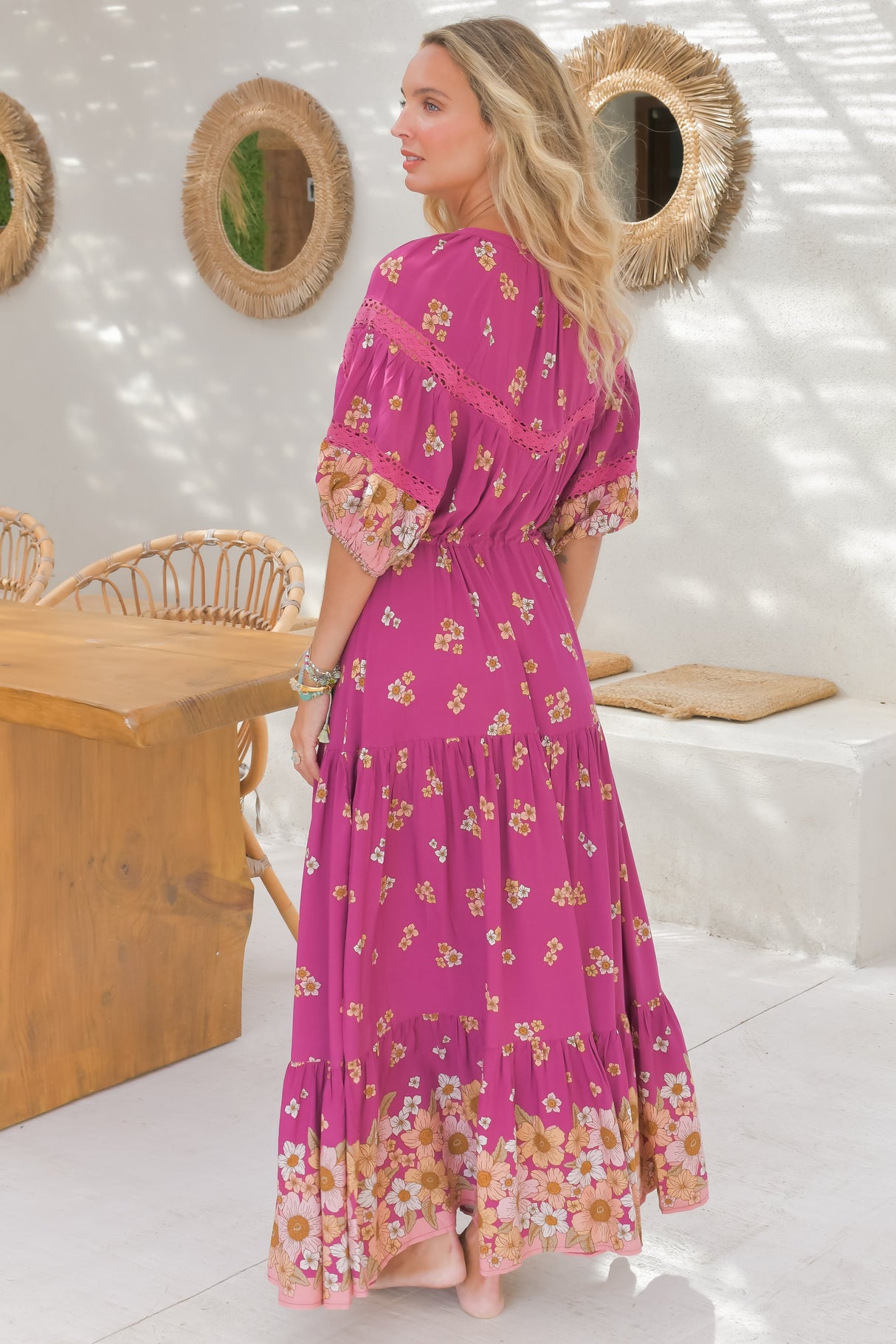 JAASE - Elsa Maxi Dress: Lace Detailed Bodice with Pull Tie Waist Dress in Bee Orchid Print