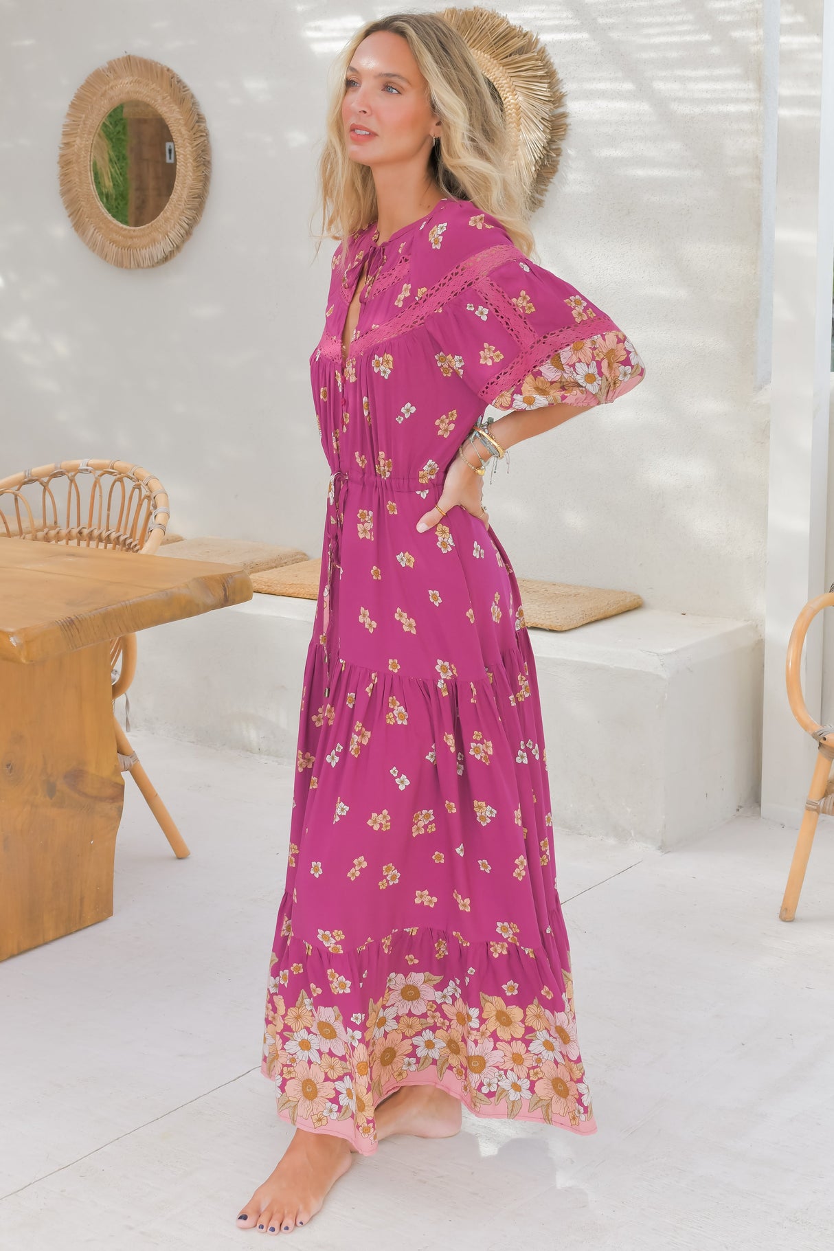 JAASE - Elsa Maxi Dress: Lace Detailed Bodice with Pull Tie Waist Dress in Bee Orchid Print