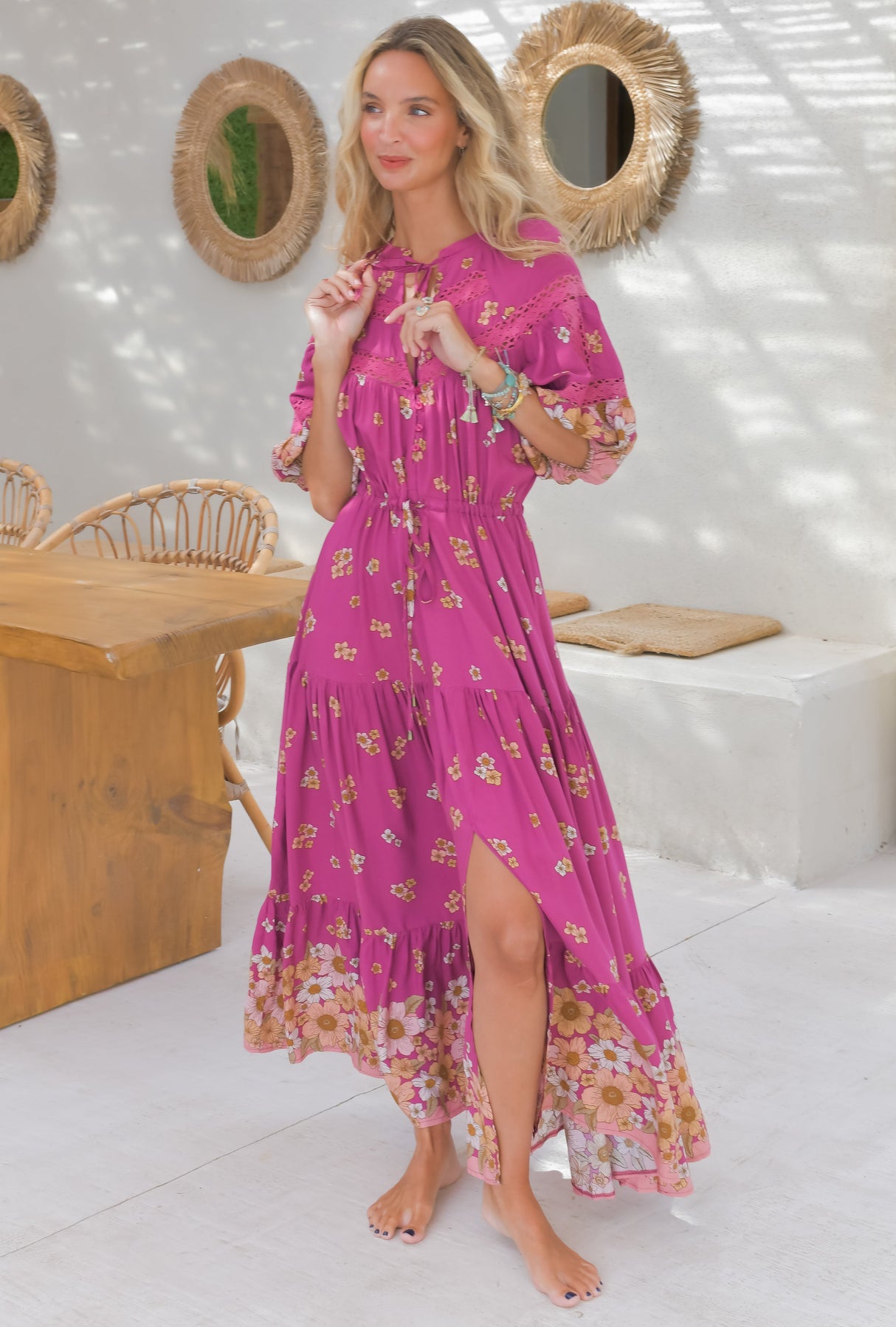 JAASE - Elsa Maxi Dress: Lace Detailed Bodice with Pull Tie Waist Dress in Bee Orchid Print
