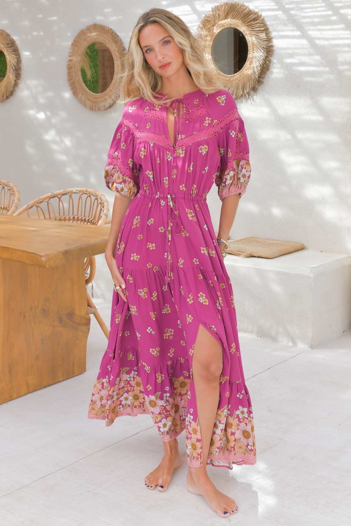 JAASE - Elsa Maxi Dress: Lace Detailed Bodice with Pull Tie Waist Dress in Bee Orchid Print