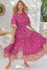 JAASE - Elsa Maxi Dress: Lace Detailed Bodice with Pull Tie Waist Dress in Bee Orchid Print
