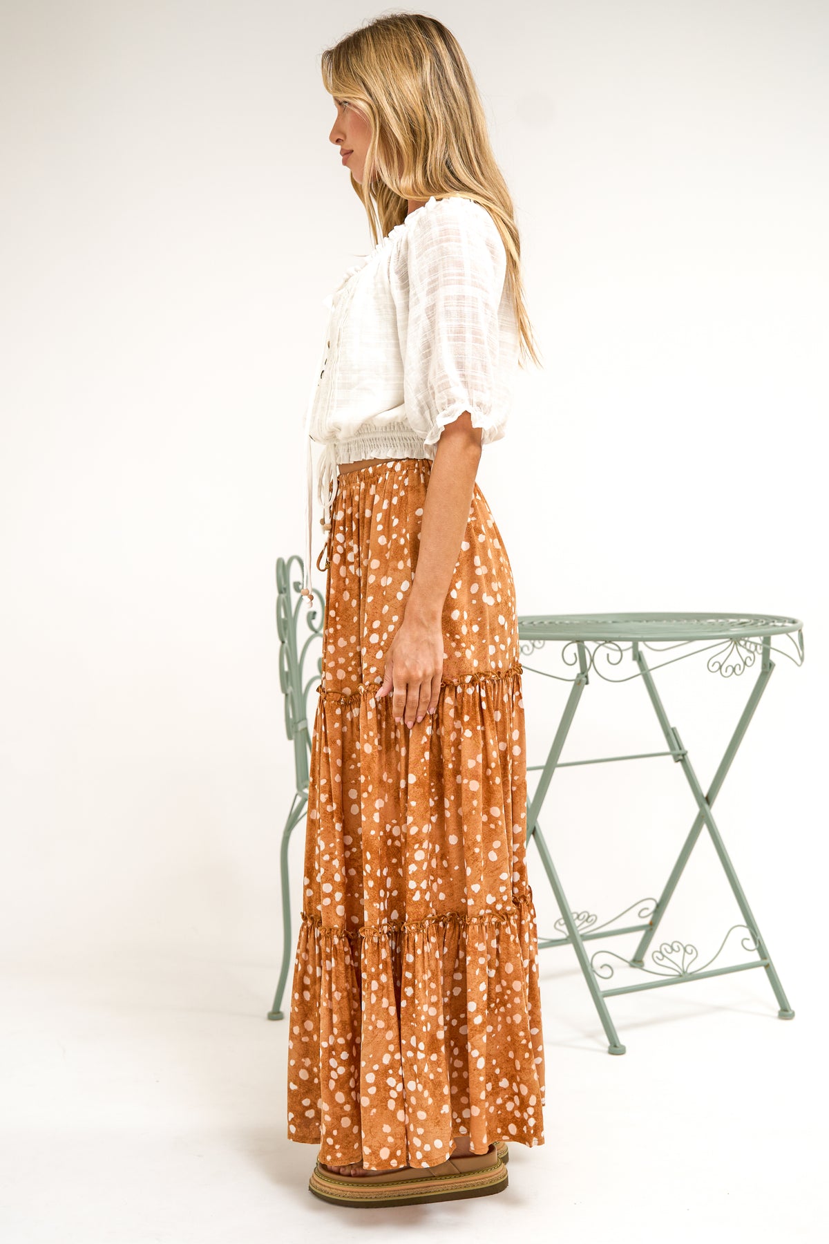 Elsa Maxi Skirt - High Waisted Frill Splicing Tiered Skirt in Lilwen Print