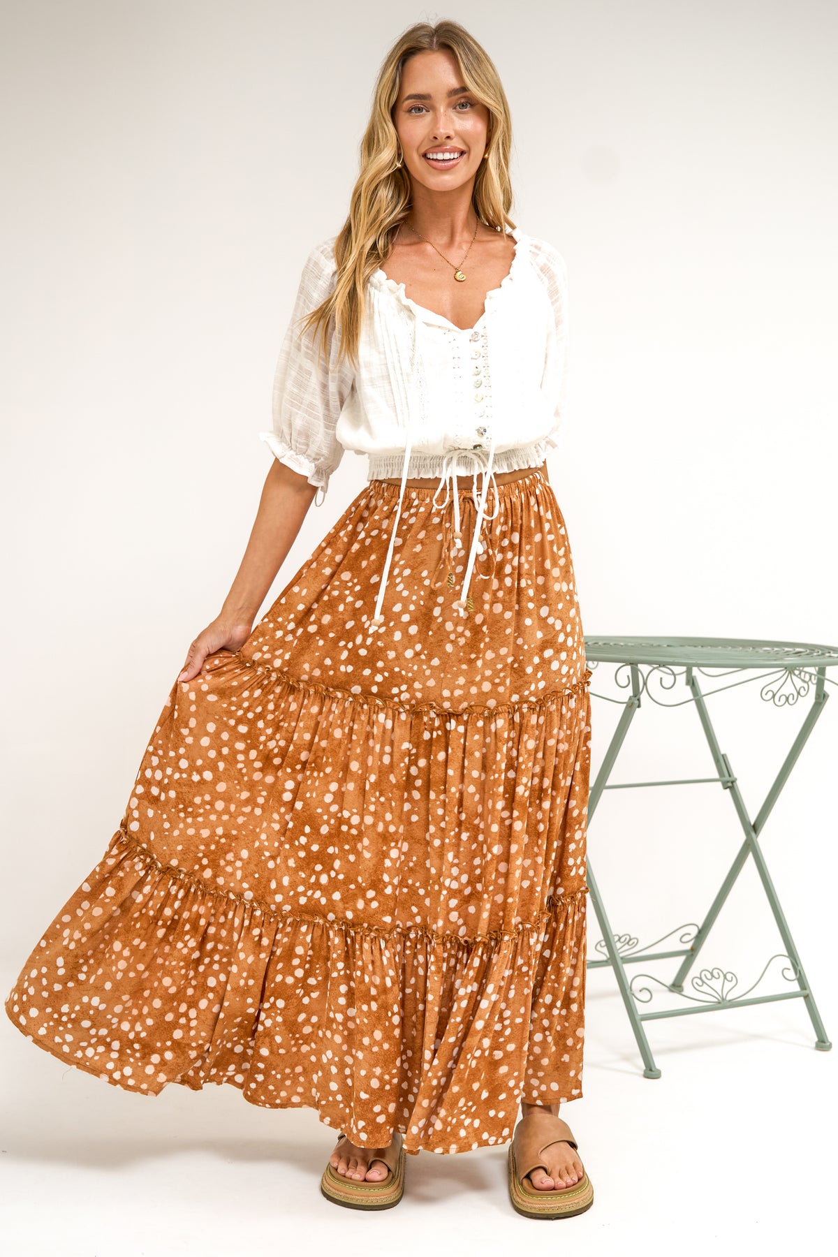 Elsa Maxi Skirt - High Waisted Frill Splicing Tiered Skirt in Lilwen Print