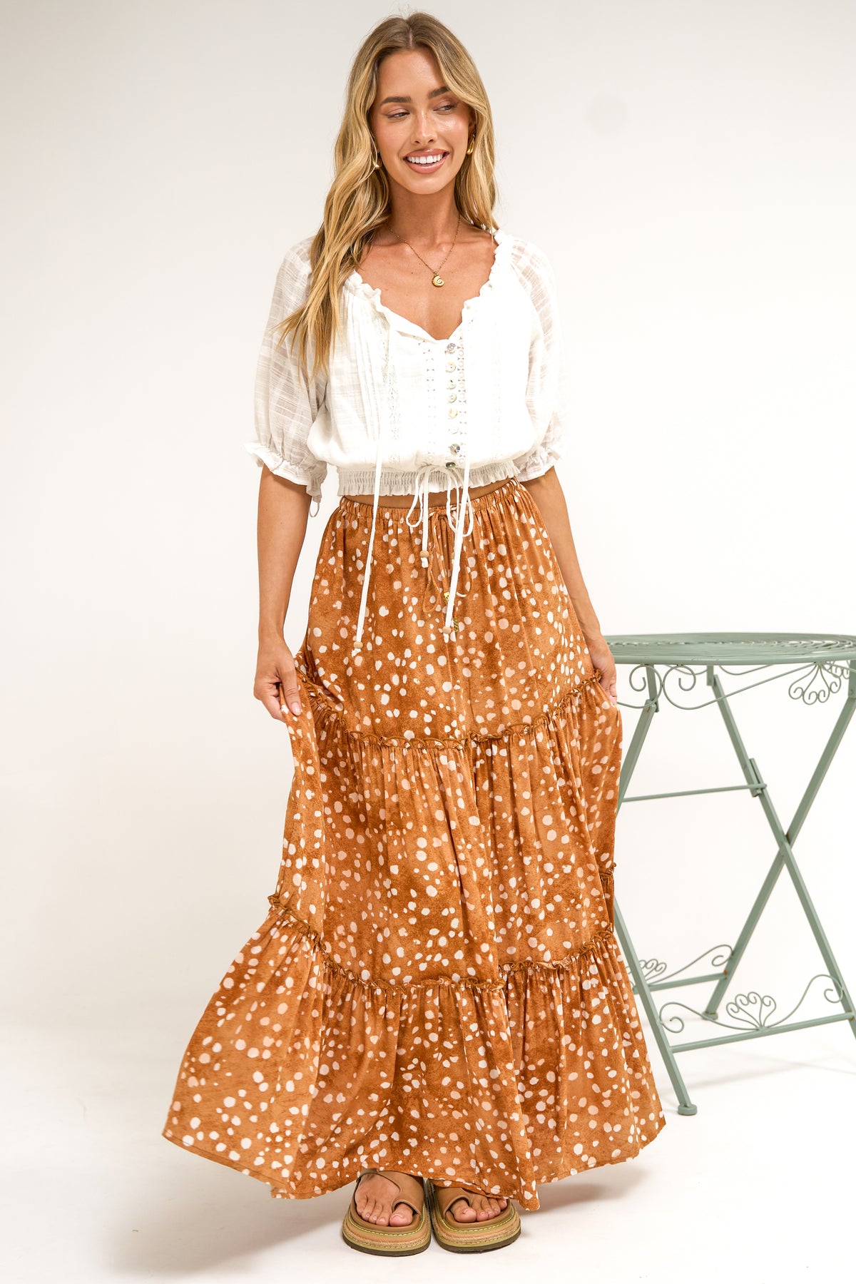 Elsa Maxi Skirt - High Waisted Frill Splicing Tiered Skirt in Lilwen Print